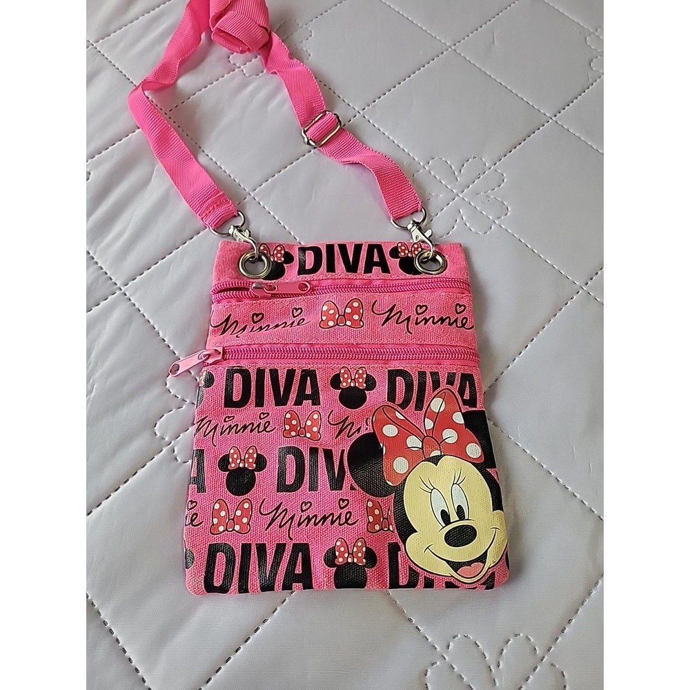 Disney Minnie Mouse Diva Pink Crossbody Bag Small Travel Purse Zipper Pockets